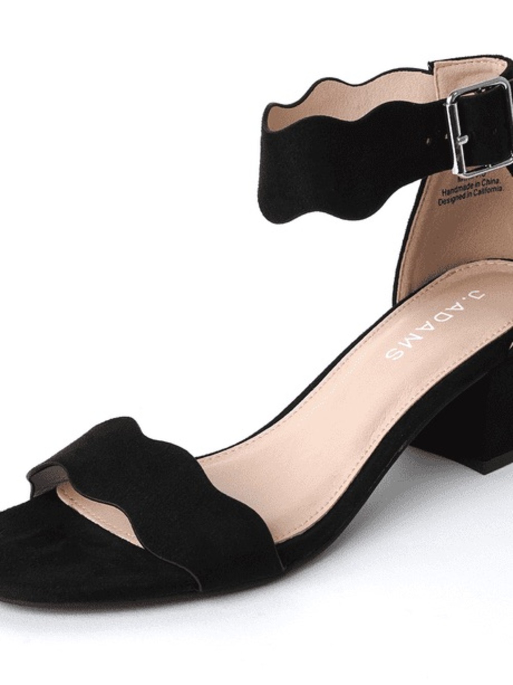 Black Scalloped Ankle-Strap Block Heel Sandal